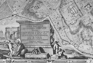Ettore Nolli: 'La nuova topografia di Roma' 1748; nello stralcio cartografico del circondario di San Giovanni in Laterano  evidente la consistente presenza di orti, vigne e frutteti all'interno della cinta muraria dell'Urbe