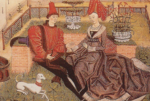 Maugis e Oriande in giardino, protagonisti del Roman de Renaud de Mountauban 1475